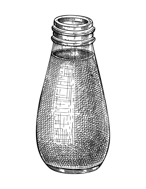 Pistachio milk in glass bottle sketch. Hand drawn organic dairy protein product for vegetarians. Vector illustrations of healthy foods and drinks isolated on white background